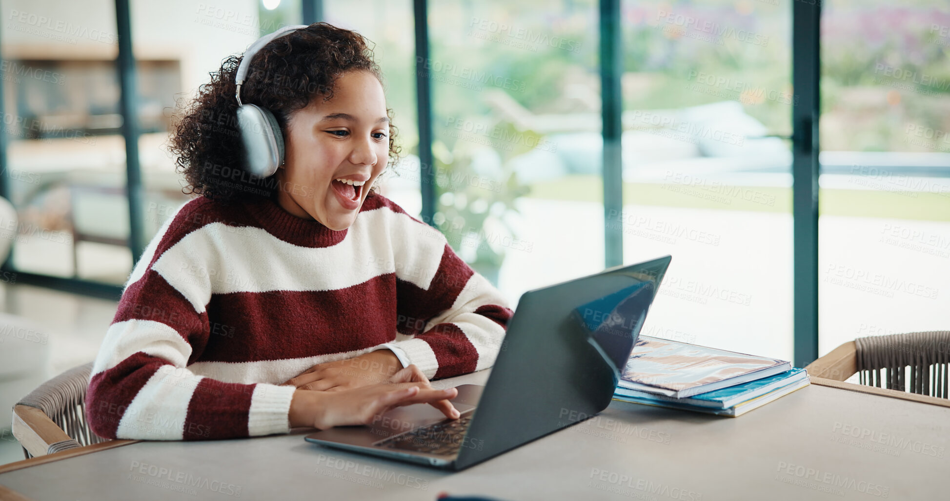 Buy stock photo Laptop, elearning and child with headphones on video call in home for online class with education. Talking, technology and excited student with audio tech and computer for virtual lesson in house.