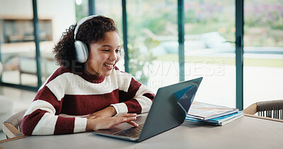 Buy stock photo Laptop, elearning and kid with headphones on video call in home for online class with education. Talking, technology and happy girl student with audio tech and computer for virtual lesson in house.