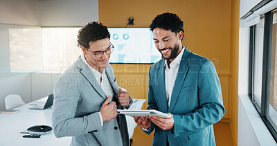 Buy stock photo Meeting, smile or business people with tablet for planning, data analysis or review asset performance. Reading, office or analyst team with investigation for account volatility, research or tech