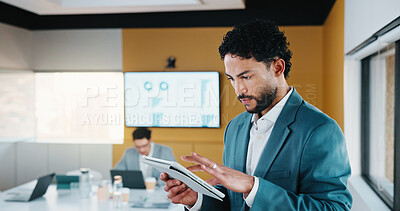 Buy stock photo Corporate, man and reading with tablet in office for research, finance charts and profit growth. Person, data analyst and digital with graph analysis, investment portfolio and audit review of company