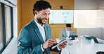 Smile, business and man with tablet in office for research, finance charts and profit growth. Corporate, data analyst and digital with graph analysis, investment portfolio and audit review of company