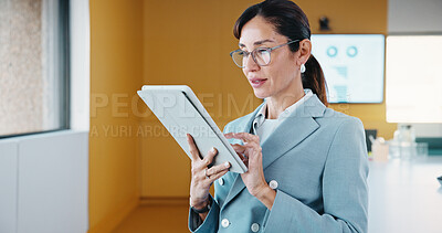 Buy stock photo Corporate, woman and glasses with tablet in office for research, finance charts and profit growth. Accountant, eyewear or digital with graph analysis, investment portfolio and audit review of company