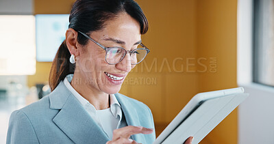 Buy stock photo Reading, smile and businesswoman with tablet in office,  stock market research and assets valuation. Review, exchange proposal or mature investor planning with tech, hedge fund liquidation or trading