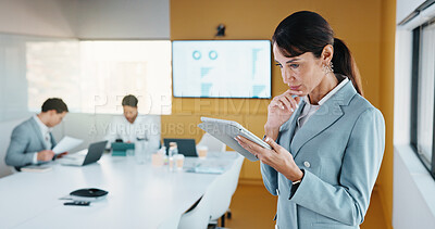 Buy stock photo Business, woman and reading with tablet in office for research, finance charts or profit growth. Person, data analyst and digital with graph analysis, investment portfolio and audit review of company
