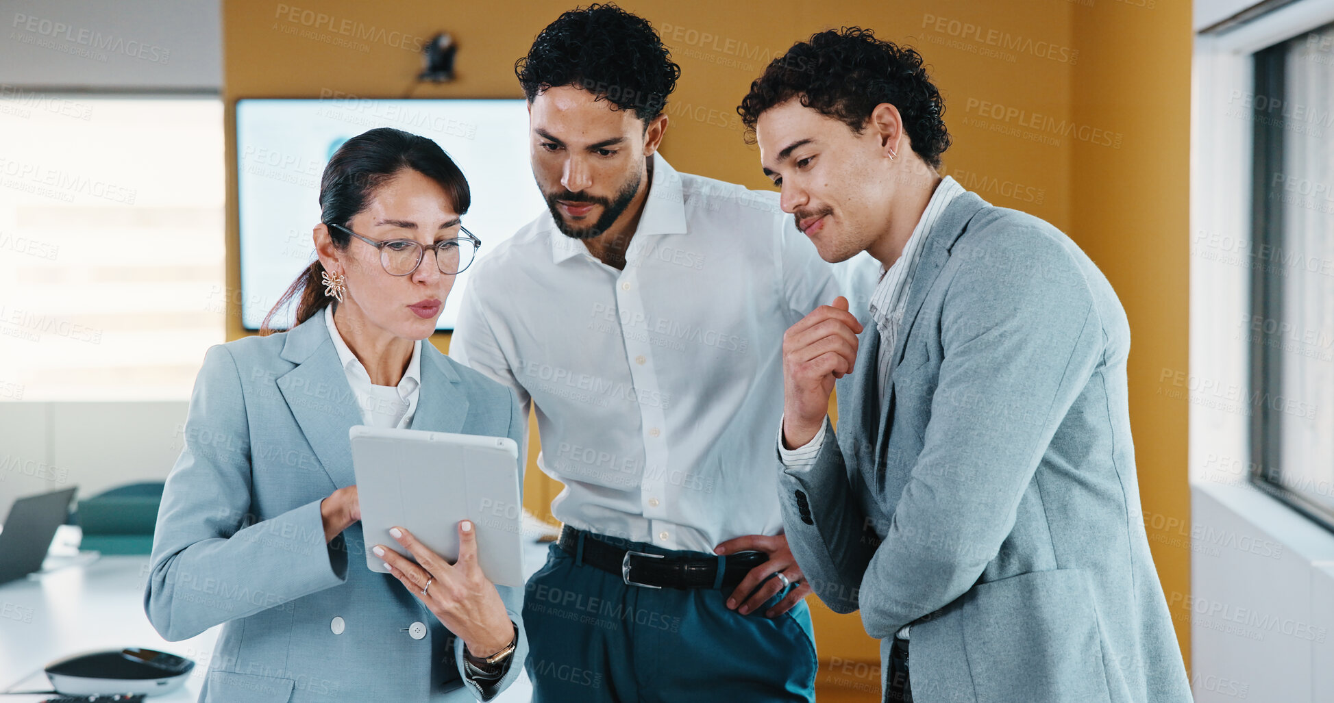 Buy stock photo Business people, discussion and meeting with tablet in office for performance review or project. Group, employees or colleagues with technology for brainstorming, planning or proposal in workplace