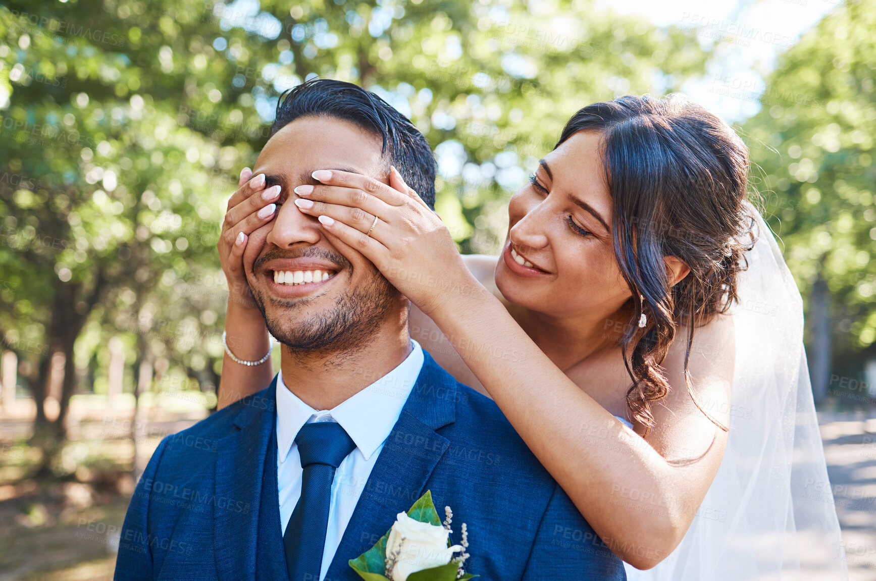 Buy stock photo Bride, surprise and groom with eyes closed for wedding reveal, playful romance and interaction. Couple, blindfold and gesture for anticipation, emotional reaction and marriage tradition with people