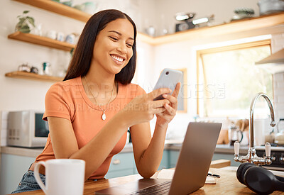 Buy stock photo Woman, mobile and finance in home with smile, pay slip update and online banking at laptop. Person, phone and tech in kitchen for account management, debt payment and happy for easy transaction