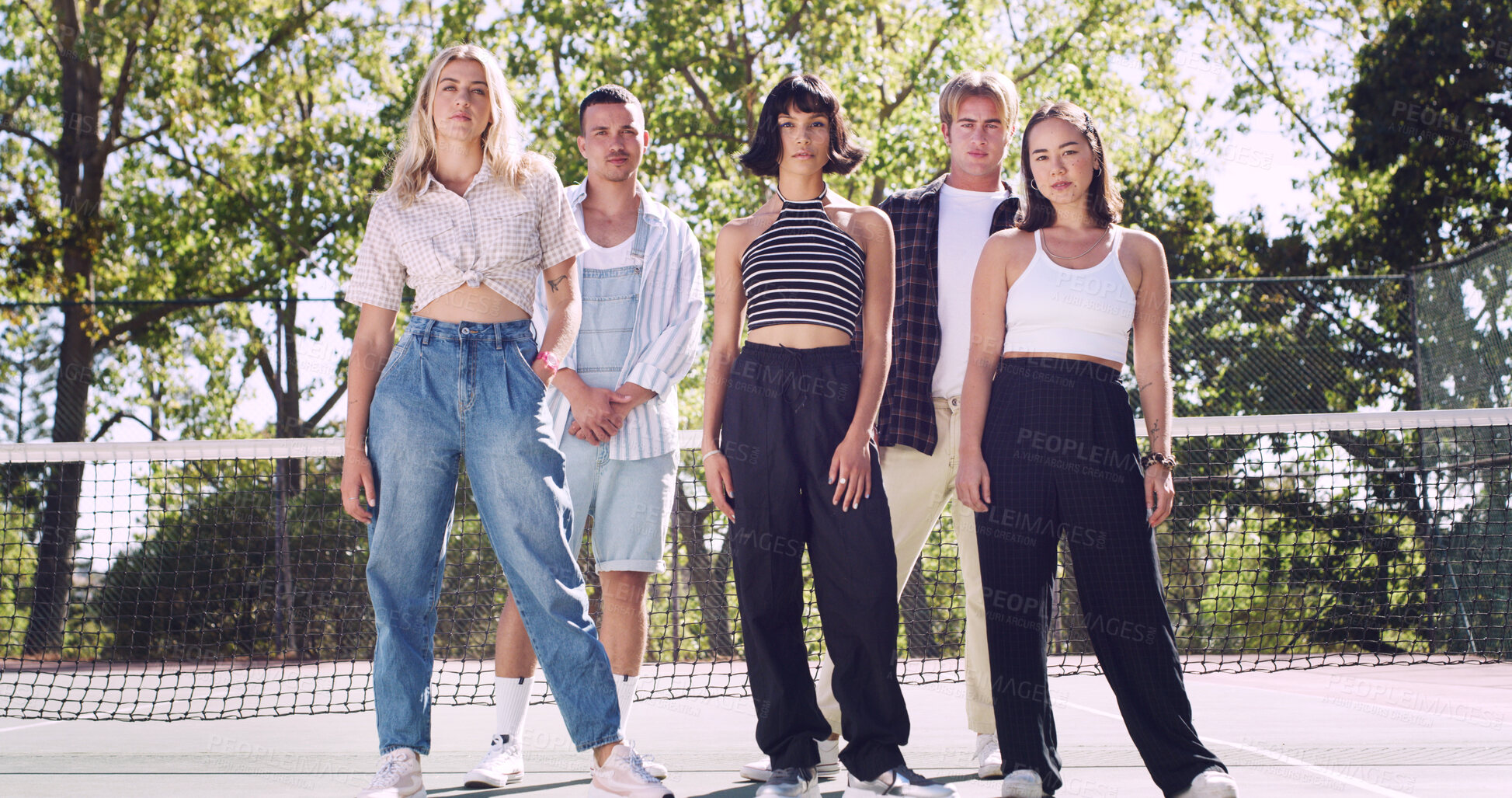 Buy stock photo Trendy, portrait or people on court for fashion, unique style or confidence in gen z aesthetic. Modern, streetwear or friends outdoor with pride, contemporary appearance or urban look in Los Angeles.