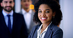 Portrait, business and woman with team at night for career pride, about us and lawyer. Smile, female attorney and leadership with employees, legal representative and working late for case preparation