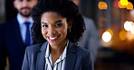 Portrait, business and woman with staff at night for career pride, about us and lawyer. Bokeh, female attorney and leadership with employees, legal representative and overtime with smile at law firm 