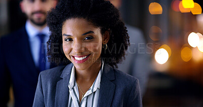 Buy stock photo Portrait, business and woman with staff at night for career pride, about us and lawyer. Bokeh, female attorney and leadership with employees, legal representative and overtime with smile at law firm