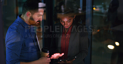 Buy stock photo Night, tablet or business people in office meeting for idea, financial proposal or insight by window. Collaboration, tech and discussion with team on overtime, investment review and problem solving