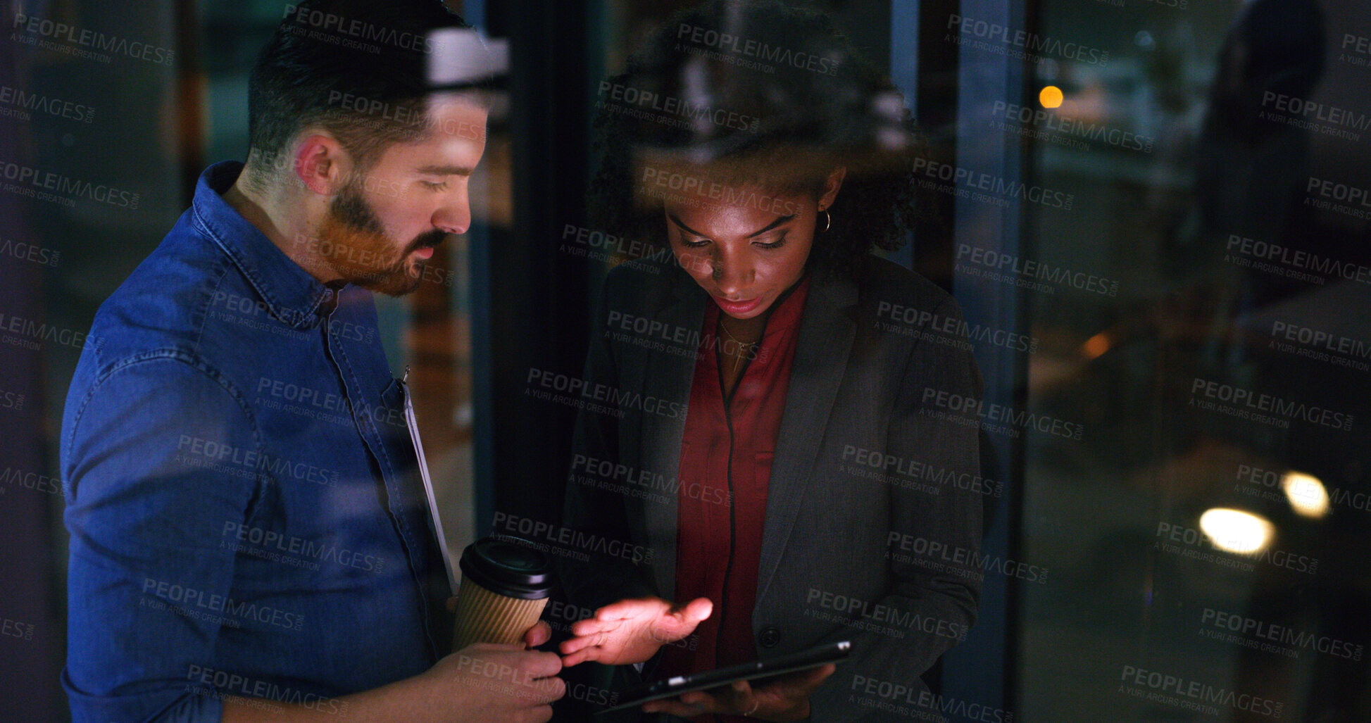 Buy stock photo Night, tablet or business people in office meeting for idea, financial proposal or insight by window. Collaboration, tech and discussion with team on overtime, investment review and problem solving
