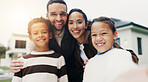 Selfie, happy and portrait of family by new home for moving, bonding and property investment. Smile, care and children with parents for photography picture for memory together outdoor at house.