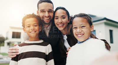 Buy stock photo Selfie, happy and portrait of family by new home for moving, bonding and property investment. Smile, care and children with parents for photography picture for memory together outdoor at house.
