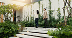 Estate agent, explain and view with client walking for home investment or property tour.  Mortgage, point and rental apartment with man speaking to realtor woman outdoor for consulting advice or sale