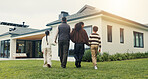 Outdoor, walk and family holding hands by new home for fresh start, real estate investment and care. Children, mother and father with property, back and relocation to dream house with parents