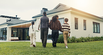 Buy stock photo Outdoor, walk and family holding hands by new home for fresh start, real estate investment and care. Children, mother and father with property, back and relocation to dream house with parents