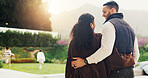 Love, parents and hug for support at backyard, bonding and connection together with security. Mother, happy father and embrace with people outdoor for safety, smile and family unity with trust