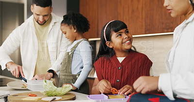Buy stock photo Lunchbox, parents or children in house with meal prep, childcare help or getting ready in morning routine. Happy, family and kids in kitchen with bag, parent assistance or packing food in school care