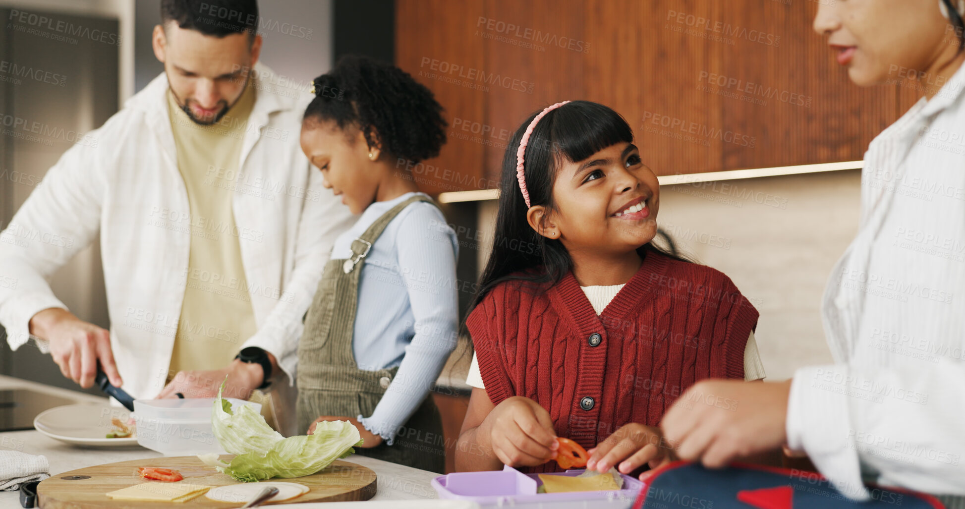 Buy stock photo Lunchbox, parents or children in house with meal prep, childcare help or getting ready in morning routine. Happy, family and kids in kitchen with bag, parent assistance or packing food in school care