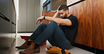 Plumber, man and stress in kitchen with problem, repair challenge or thinking for maintenance crisis. Tired, person or handyman in home with plumbing mistake, contemplation or burnout from fixing job