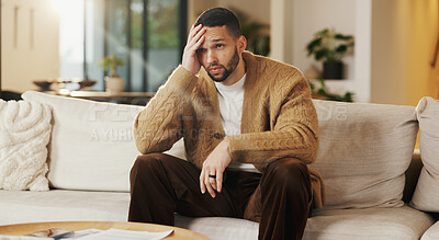Buy stock photo Worry, thinking and man with stress on couch, financial crisis and overwhelmed for debt frustration. Regret, problem solving or person with reflection for bankruptcy, loan settlement pressure or home