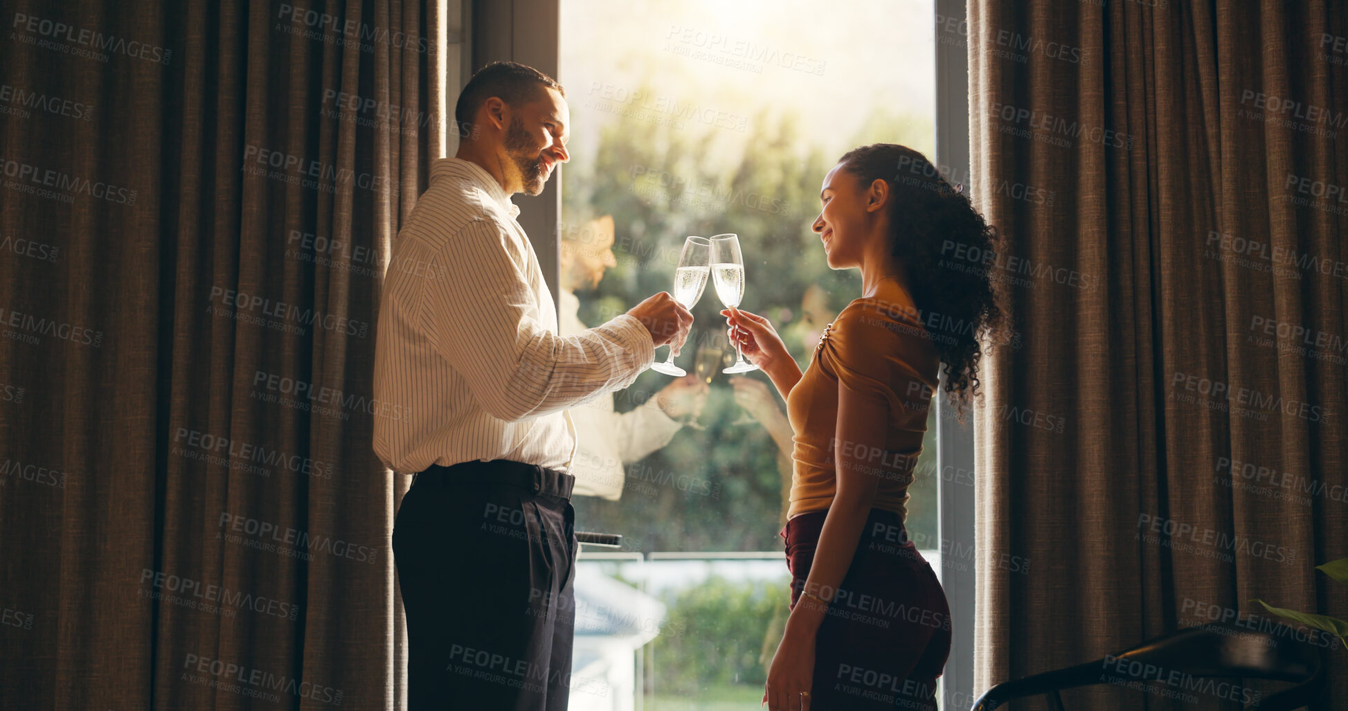 Buy stock photo Happy, couple and cheers with champagne in hotel, love and celebration for anniversary with partner. Motel, guest and people with alcohol for toast, travel and commitment for marriage or relationship