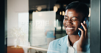 Buy stock photo Phone call, consultant and laugh with woman in office for client advisor, account manager and negotiation. Space, portfolio discussion and feedback with person in agency with funny joke or chat