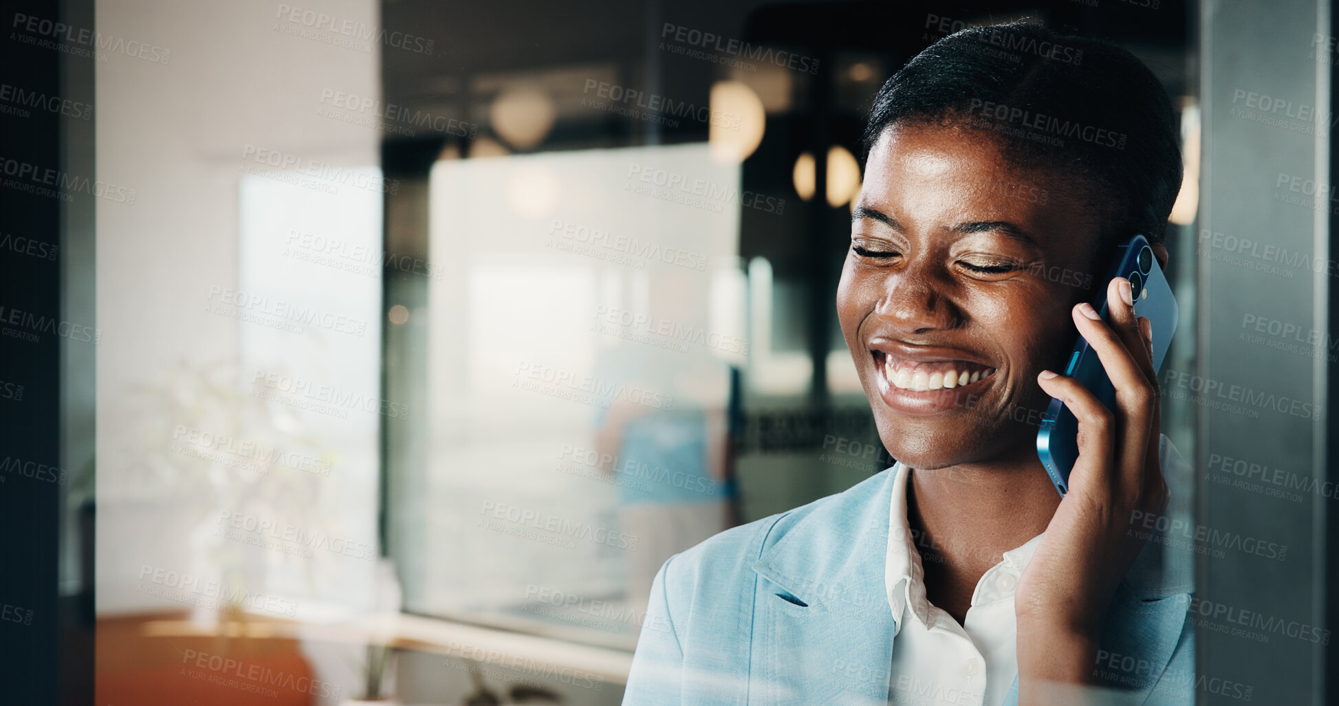 Buy stock photo Phone call, consultant and laugh with woman in office for client advisor, account manager and negotiation. Space, portfolio discussion and feedback with person in agency with funny joke or chat