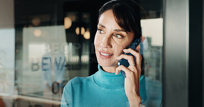 Buy stock photo Woman, business and window with phone call for communication, network or connection in cafe. Person, ambition or thinking with reflection on smartphone for entrepreneurship or conversation in shop