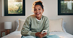 Phone, happy and portrait of teenager on bed in home with social media on mobile app with relax. Smile, calm and girl in bedroom with cellphone for texting, chatting or connectivity in house.
