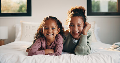 Buy stock photo Portrait, relax and smile of children on bed in home for holiday, morning break or weekend. Comfortable, cozy and sister with happy girls in bedroom of apartment for development, future or growth