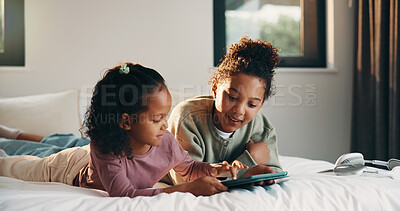 Buy stock photo Relax, sister and tablet with kids on bed in home for holiday, morning break or weekend. App, comfortable and streaming with girl children in bedroom of apartment for development, future or growth