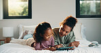 Relax, children or girls with tablet in bedroom, watch cartoon or streaming video for weekend bonding. Family subscription, movie website or sisters with tech for film platform, happy or rest in home
