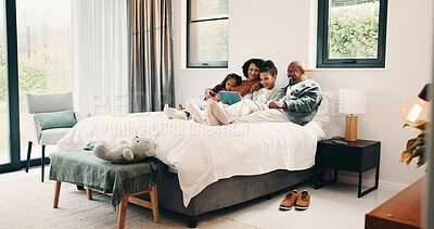 Buy stock photo Smile, parents or children on bed with tablet, cartoon streaming or bonding in multimedia binge. Happy, relax or African family in home with tech, movie subscription or entertainment on kids platform
