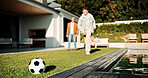 Soccer, ball and father with children outdoor for bonding, support and teaching game. Football, connection and weekend break with man and kids in backyard of family home for growth, fun and care