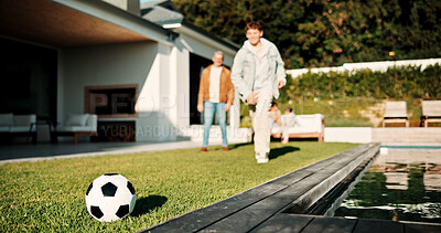 Buy stock photo Soccer, ball and father with children outdoor for bonding, support and teaching game. Football, connection and weekend break with man and kids in backyard of family home for growth, fun and care