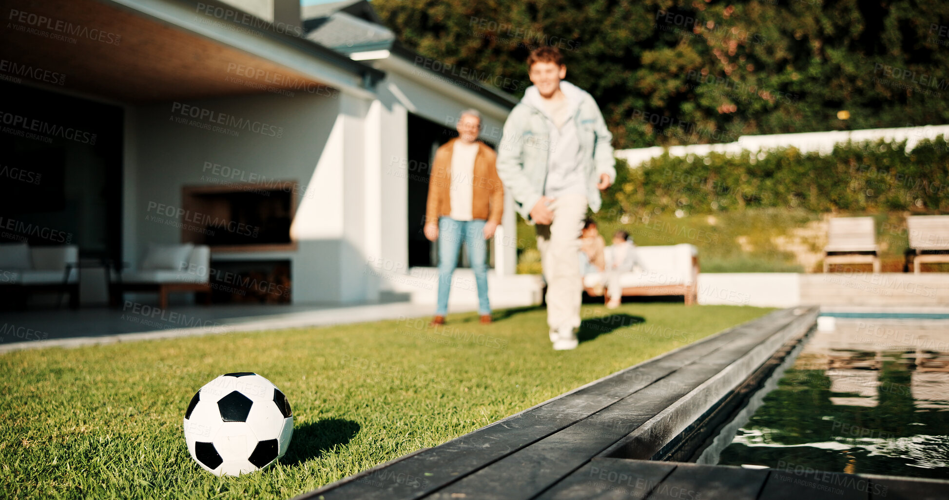 Buy stock photo Soccer, ball and father with children outdoor for bonding, support and teaching game. Football, connection and weekend break with man and kids in backyard of family home for growth, fun and care