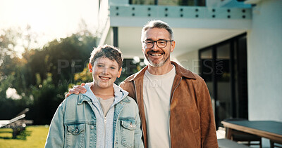Buy stock photo Smile, portrait and father with son outdoor of home for bonding, support and connection. Happy, love and commitment with man and child in backyard of family house for weekend break and relax together