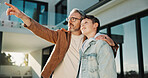 Love, pointing and father with son outdoor for future discussion, support and bonding. View, communication and  trust with man and child in backyard of family home for connection and weekend break