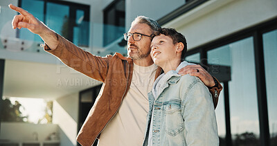 Buy stock photo Love, pointing and father with son outdoor for future discussion, support and bonding. View, communication and  trust with man and child in backyard of family home for connection and weekend break