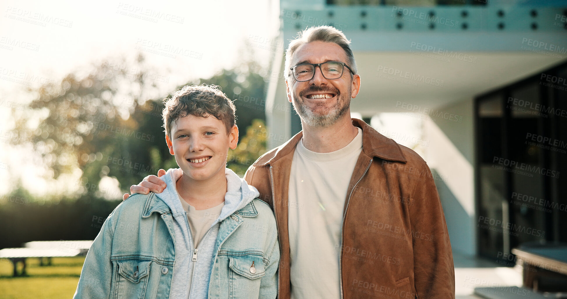 Buy stock photo Happy, portrait and father with son outdoor of home for bonding, support and connection. Smile, love and commitment with man and child in backyard of family house for weekend break and relax together
