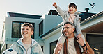 Smile, shoulder and father with children outdoor of home for bonding, support and connection. Happy, love and commitment with man and kids in backyard of family house for weekend break and relax