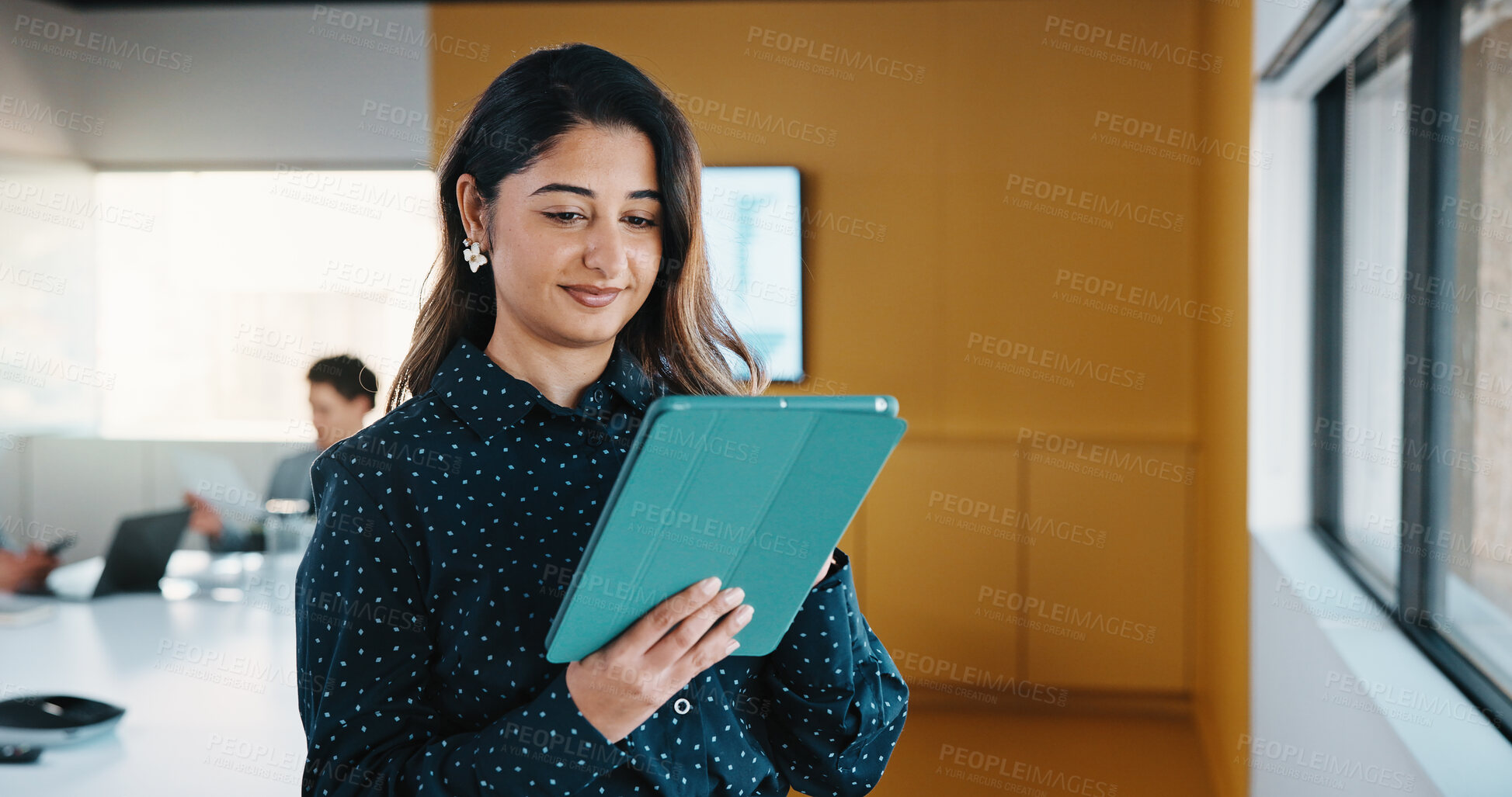 Buy stock photo Smile, review and businesswoman with tablet in office, stock market research and assets valuation. Reading, planning and investor with tech for exchange proposal, hedge fund liquidation and trading