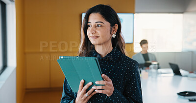 Buy stock photo Smile, thinking or businesswoman with tablet in office, stock market reflection or asset valuation. Planning, tech or happy investor with idea for exchange proposal, hedge fund liquidation or trading