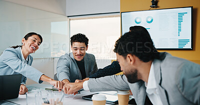 Buy stock photo Business people, fist bump and group at meeting with success, happy and motivation at insurance company. Team, broker and advisor with celebration, excited or smile with goals for risk management