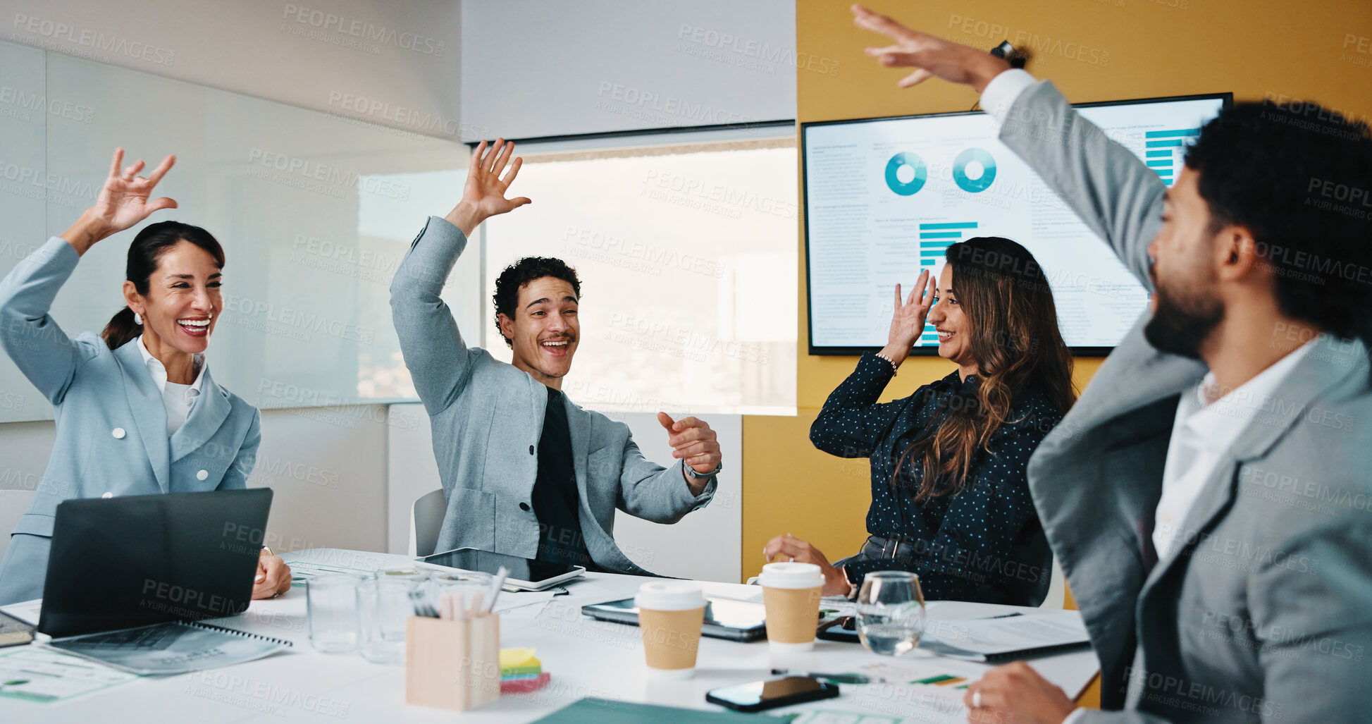 Buy stock photo Business people, celebration and group at meeting with success, happy and motivation at insurance company. Team, broker and hands up with achievement, excited and goals for risk management agency