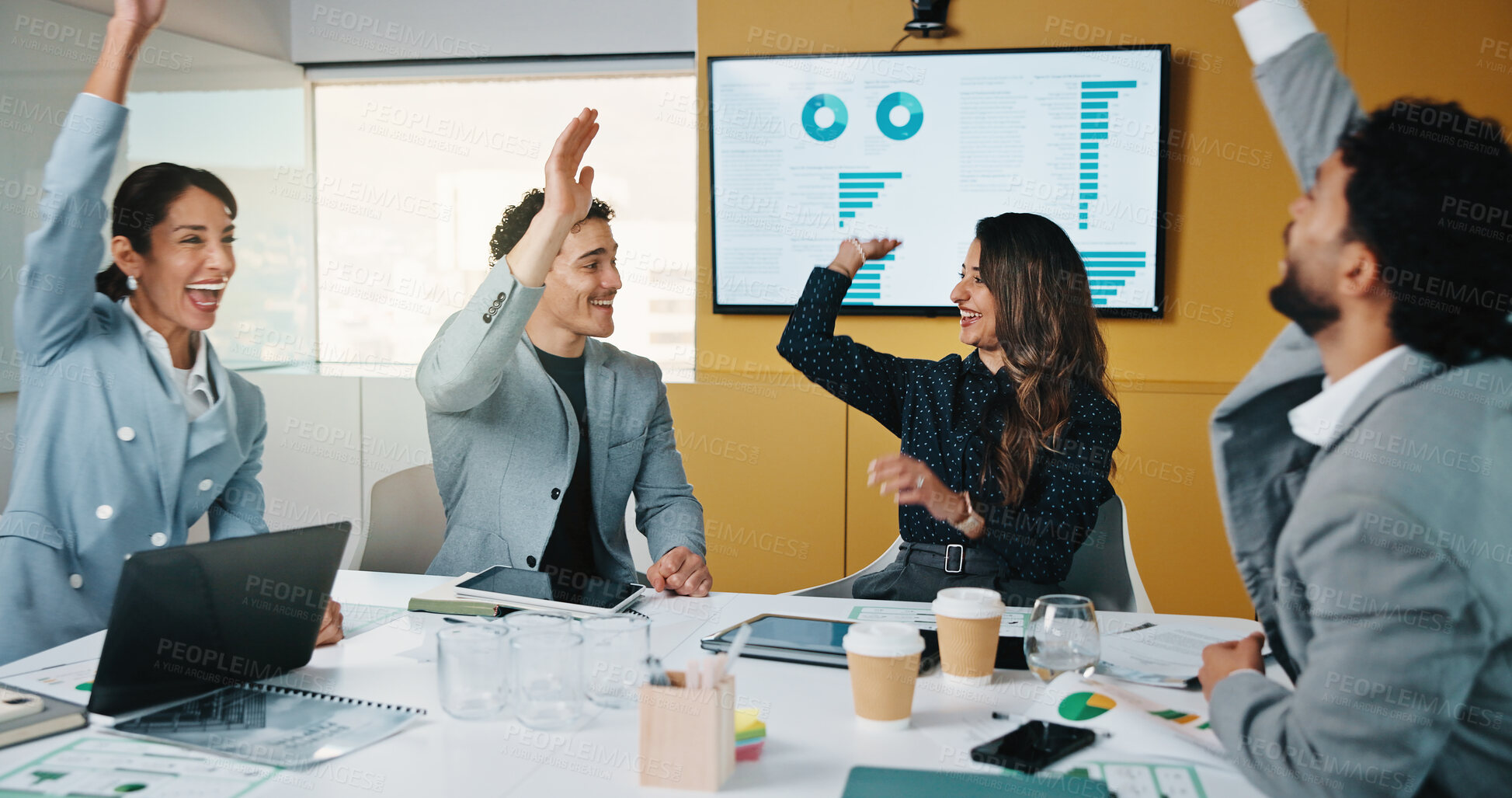Buy stock photo Business people, hands up and group at meeting for success, celebration or motivation at insurance company. Teamwork, broker and praise for achievement, excited and support at risk management agency