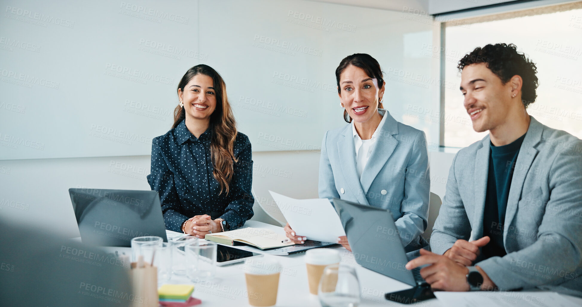 Buy stock photo Happy, meeting and discussion with business team for proposal, speech or project idea in office. People, group or employees with documents or laptop for corporate growth, plan or development together